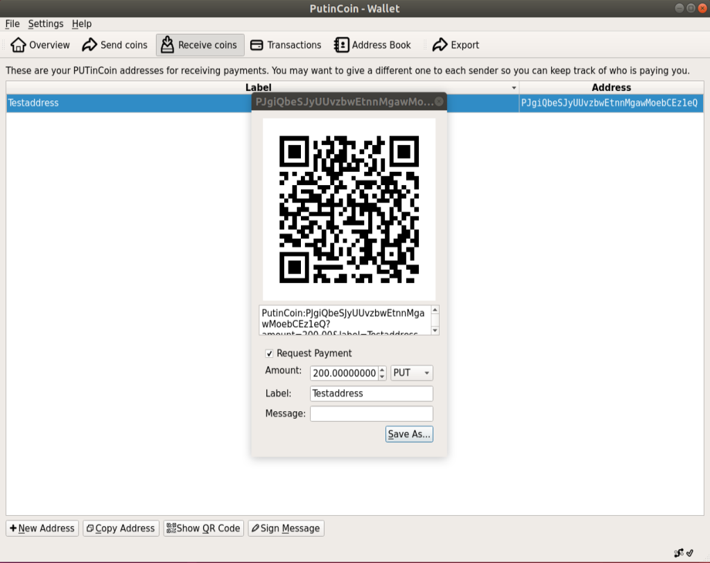 The PUTinCoin Staking node wallets for Windows & Linux have been upgraded by a useful feature: QR-Code display!